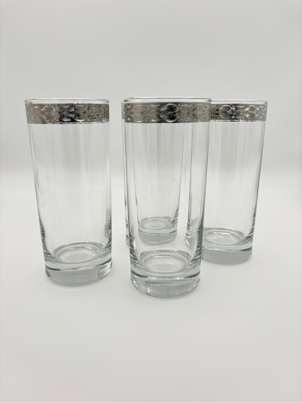 Set of 4 Cocktail Glasses Tumblers with Decorative Silver Toned Band/Trim